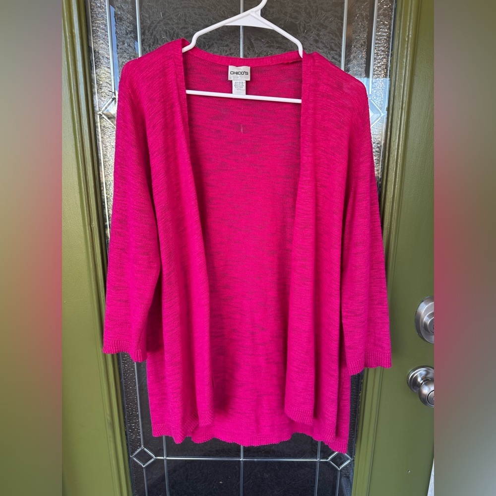 Chico’s womens cardigan medium 2 hot pink 3/4 sleeve colorful preppy casual Slub